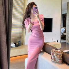 Ruched Puff Sleeves Midi Dress
