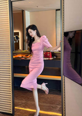 Ruched Puff Sleeves Midi Dress