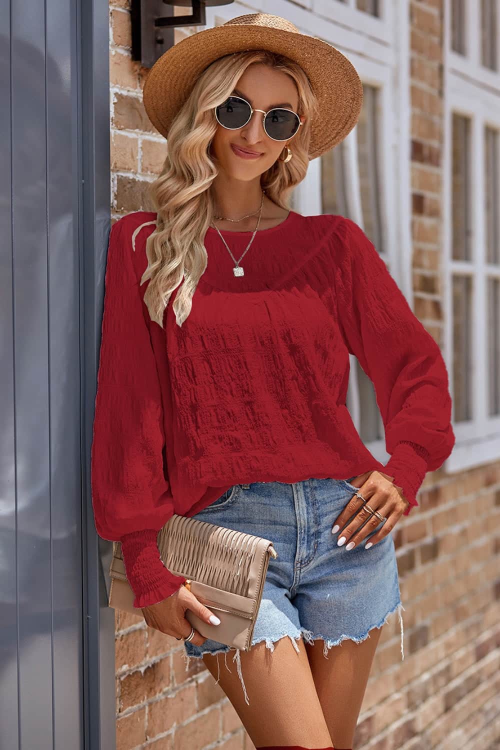 Ruched Round Neck Lantern Sleeve Blouse Deep Red / S