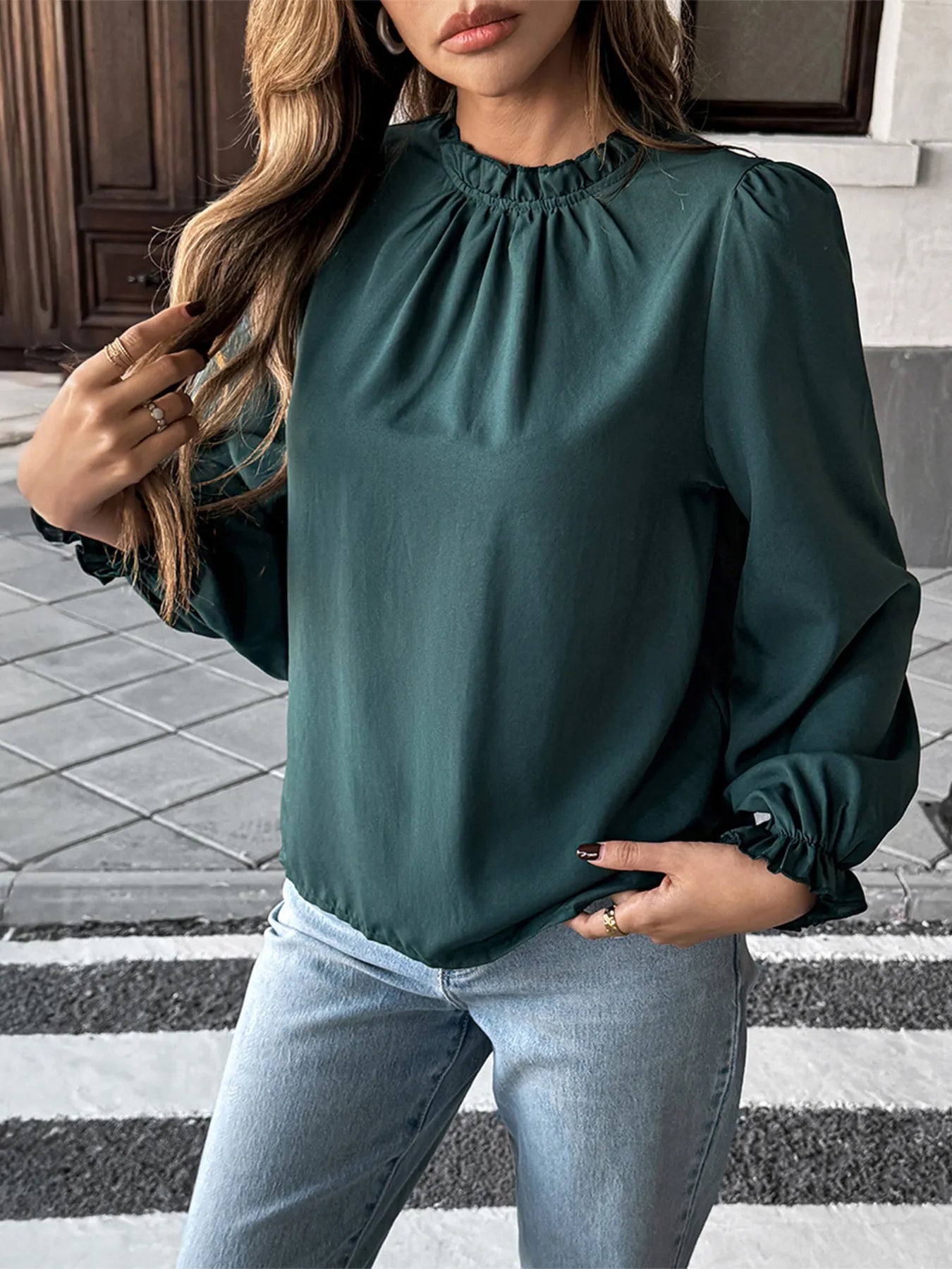 Ruched Round Neck Long Sleeve Blouse Dark Green / S