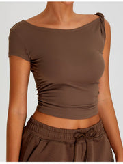 Ruched Side Crop T-Shirt Brown / S