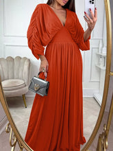 Ruched Sleeve V-Neck Maxi Dress Orange-Red / S
