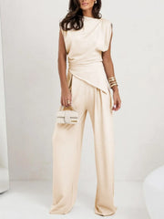 Ruched Sleeveless Top and Pants Set Beige / S