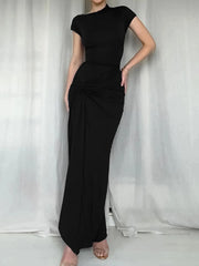 Ruched Slit Cap Sleeve Maxi Dress