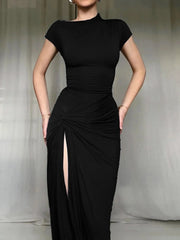 Ruched Slit Cap Sleeve Maxi Dress