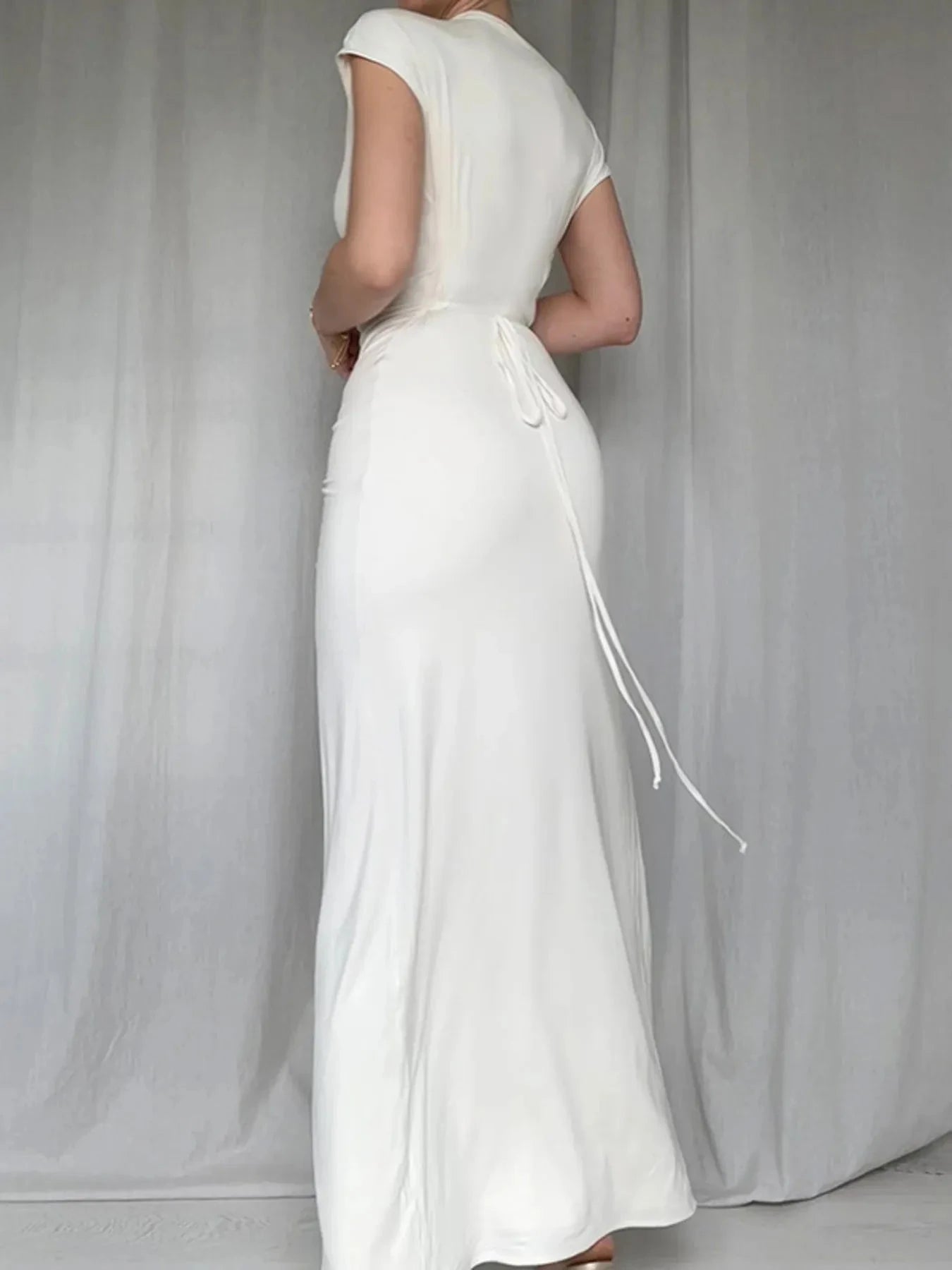 Ruched Slit Cap Sleeve Maxi Dress