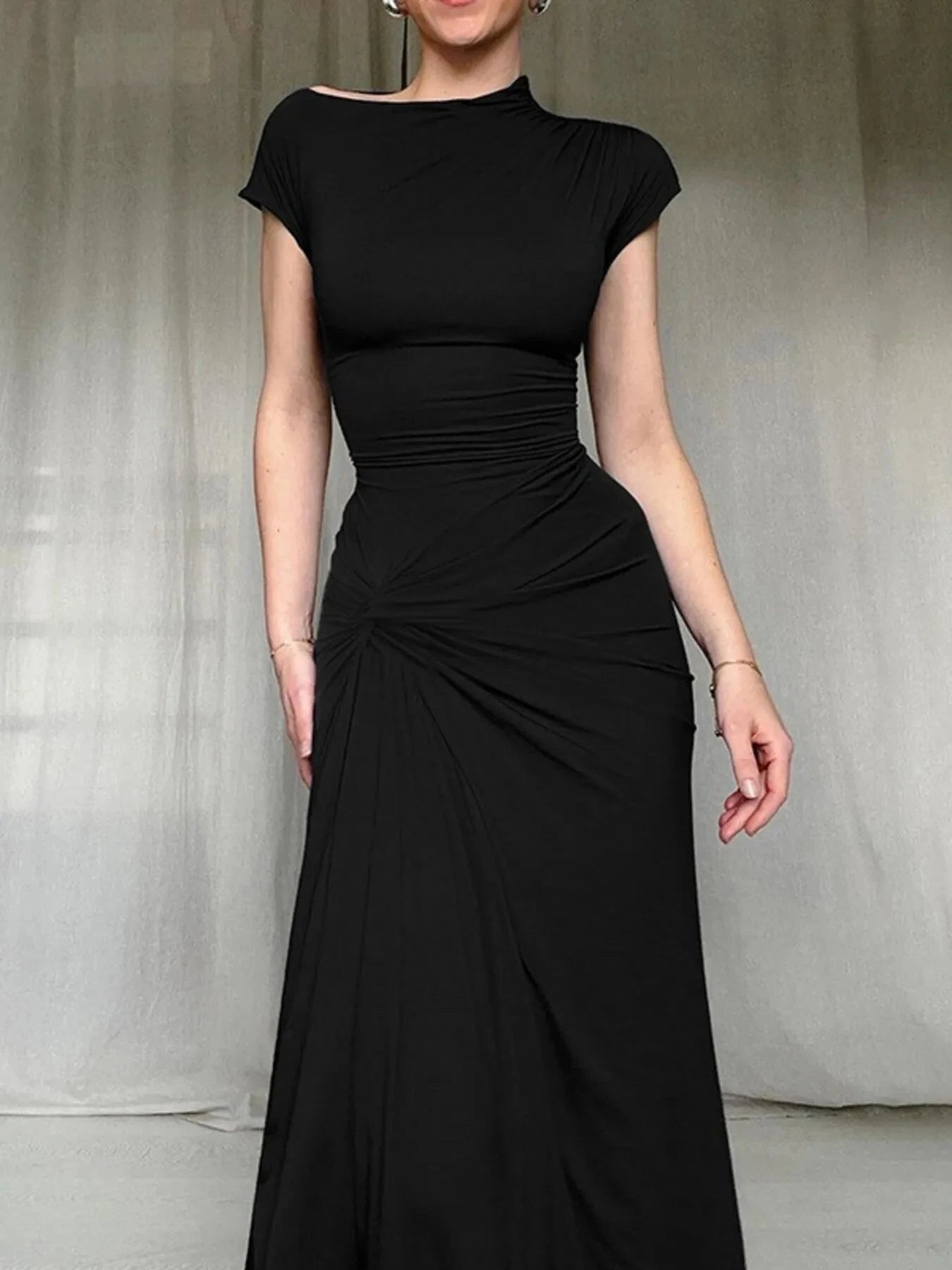 Ruched Slit Cap Sleeve Maxi Dress Black / S