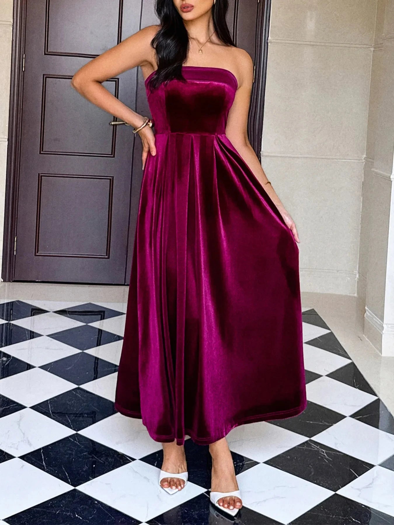 Ruched Tube Midi Dress Burgundy / S