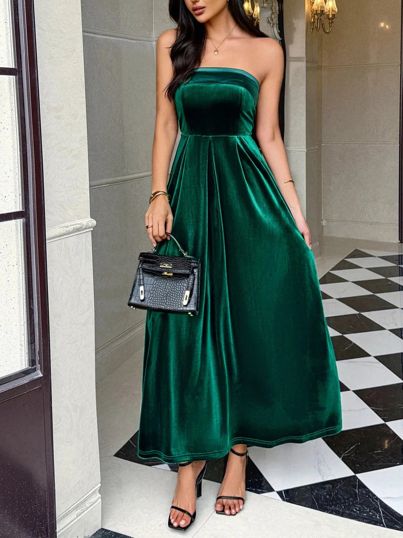 Ruched Tube Midi Dress Dark Green / S