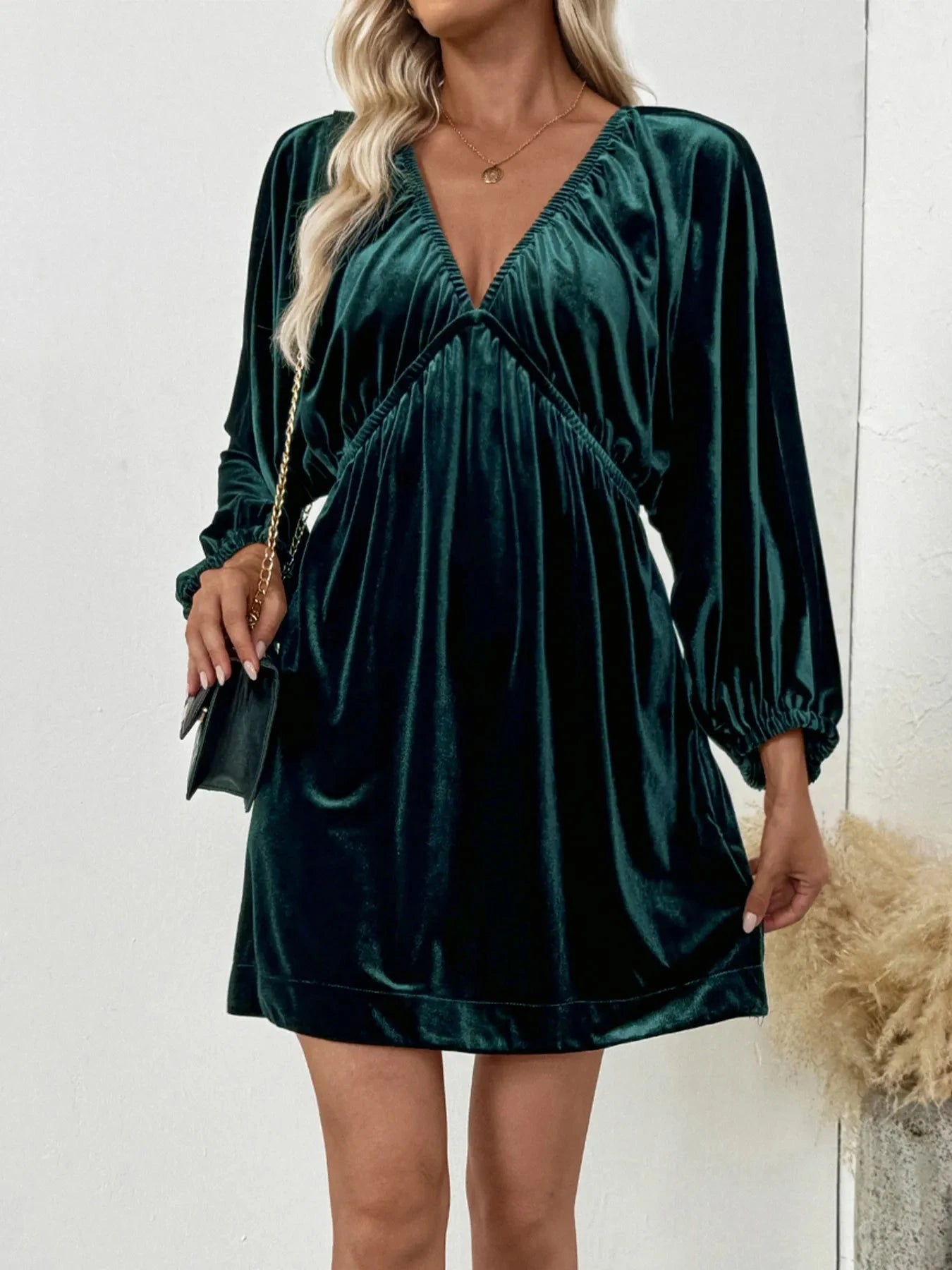 Ruched V-Neck Balloon Sleeve Dress