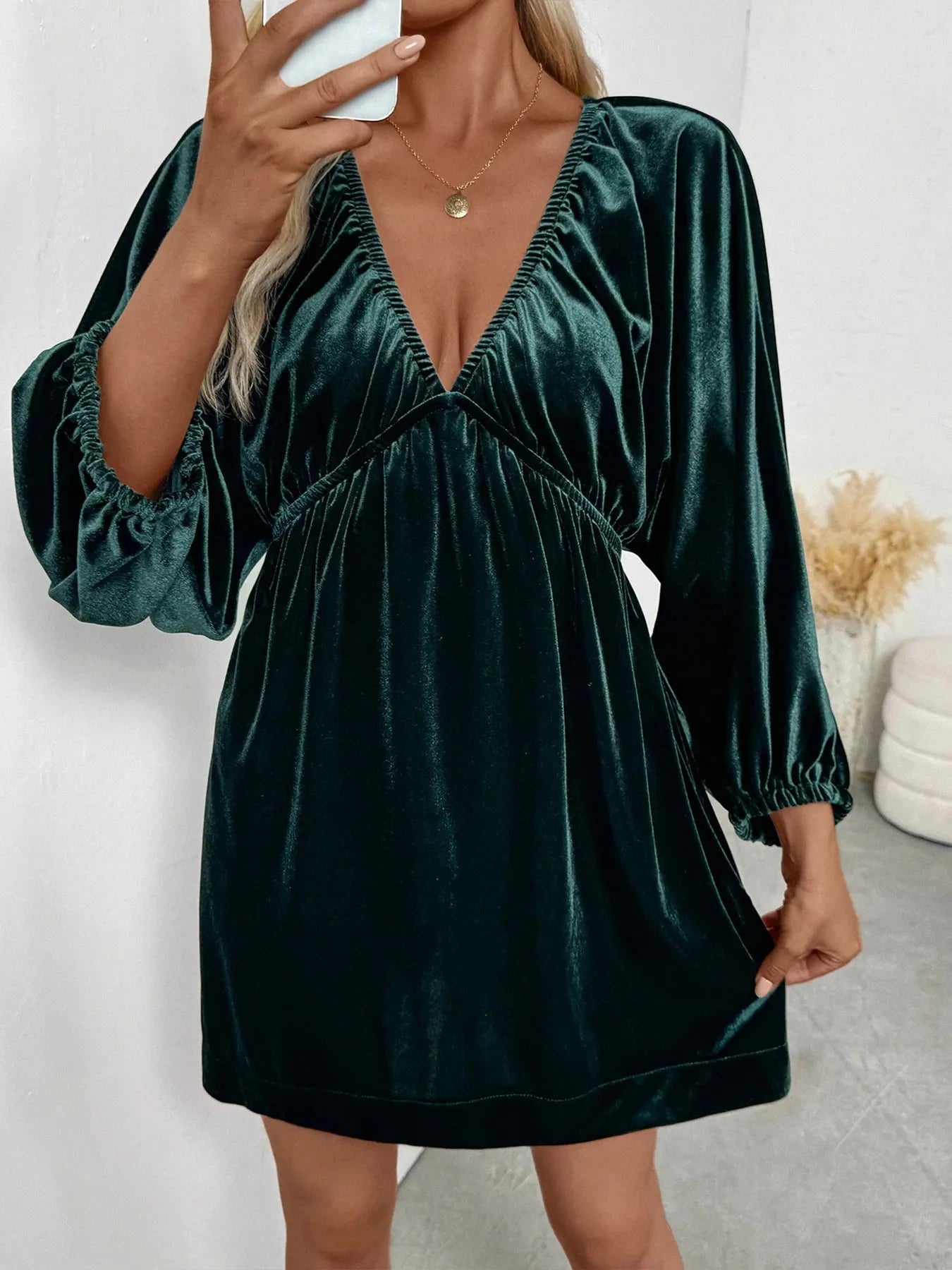 Ruched V-Neck Balloon Sleeve Dress Dark Green / S