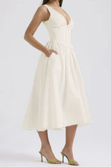Ruched V-Neck Sleeveless Dress with Pockets