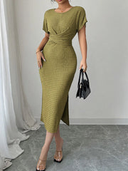 Ruched Waist Textured Midi Dress