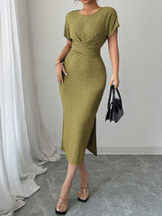 Ruched Waist Textured Midi Dress Green / S