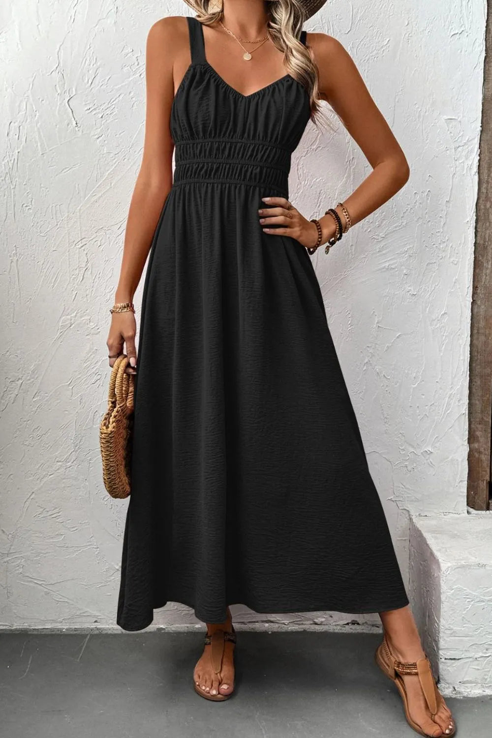 Ruched Wide Strap Cami Dress Black / S