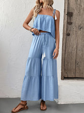 Ruffle Cami Top and Wide Leg Pants Set Light Blue / S