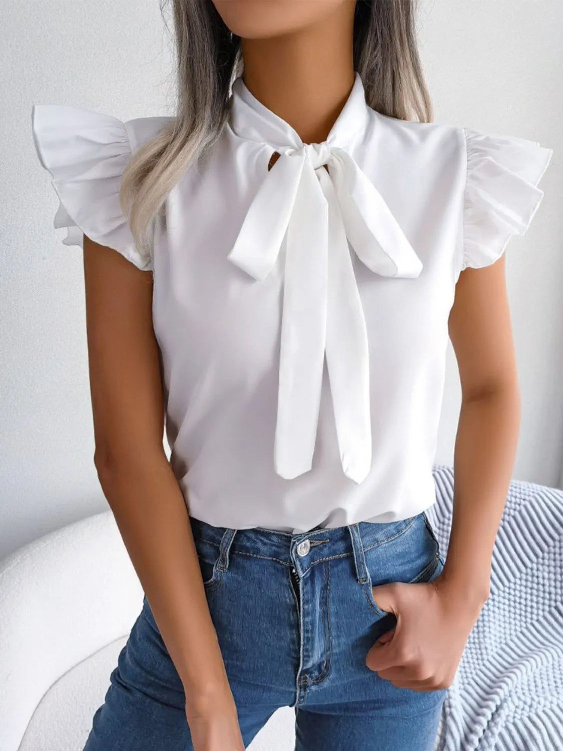 Ruffle Cap Sleeve Bow Tie Blouse White / S