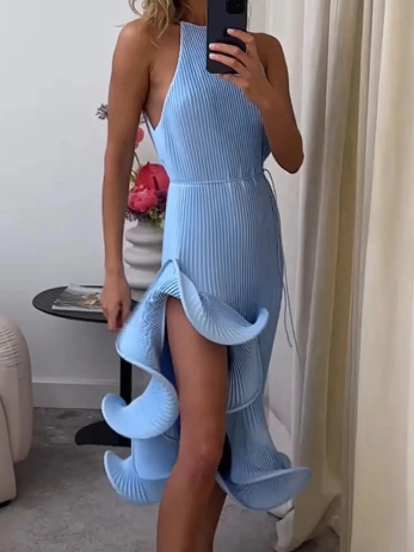 Ruffle Hem Ribbed Sleeveless Dress Blue / S