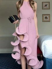 Ruffle Hem Ribbed Sleeveless Dress Pink / S