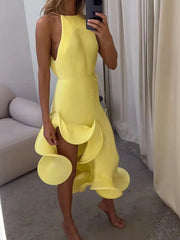 Ruffle Hem Ribbed Sleeveless Dress Yellow / S