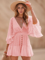 Ruffle Hem Tie Back Lace Mini Dress Blush Pink / S