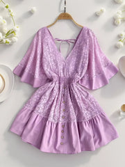 Ruffle Hem Tie Back Lace Mini Dress Lavender / S