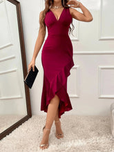 Ruffle Hem V-Neck Bodycon Dress Burgundy / S