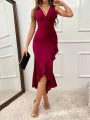 Ruffle Hem V-Neck Bodycon Dress Burgundy / S