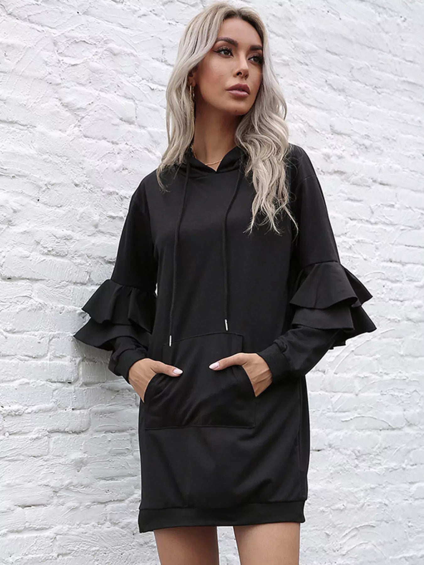 Ruffle Long Sleeve Hooded Mini Dress