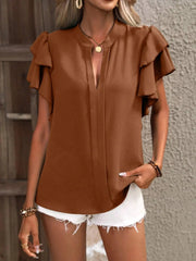 Ruffle Sleeve Notched Blouse