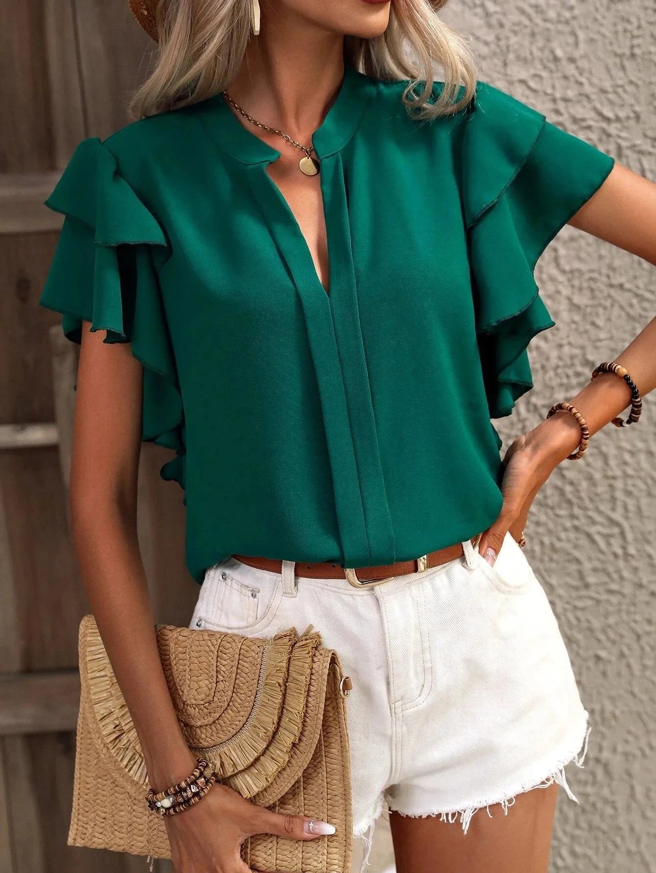 Ruffle Sleeve Notched Blouse