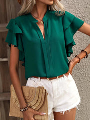 Ruffle Sleeve Notched Blouse