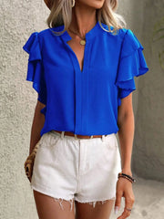 Ruffle Sleeve Notched Blouse