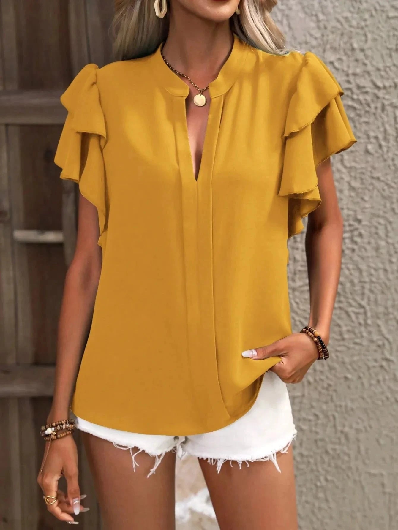Ruffle Sleeve Notched Blouse