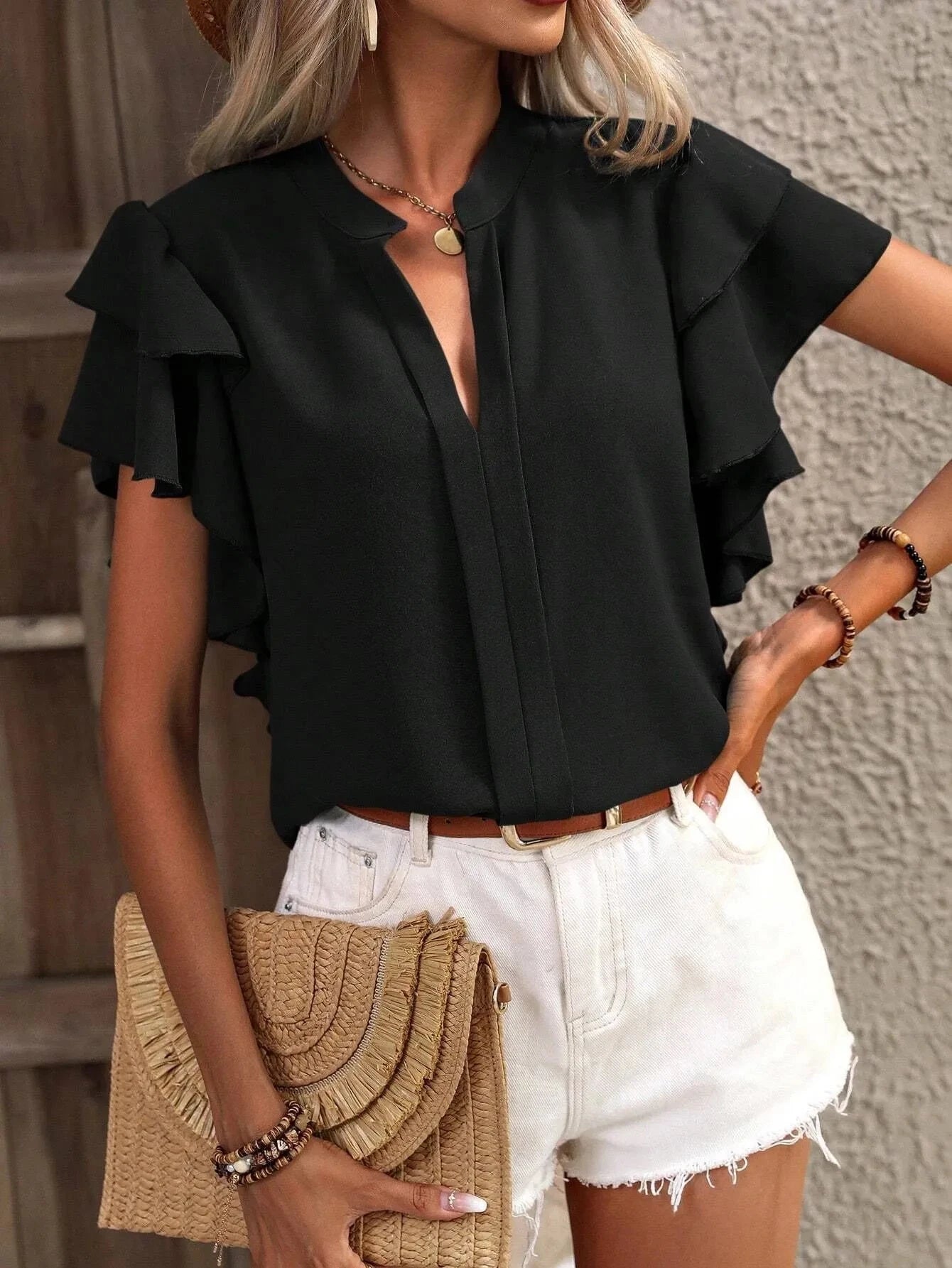 Ruffle Sleeve Notched Blouse