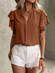 Ruffle Sleeve Notched Blouse