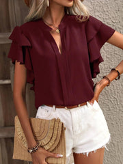 Ruffle Sleeve Notched Blouse Burgundy / S
