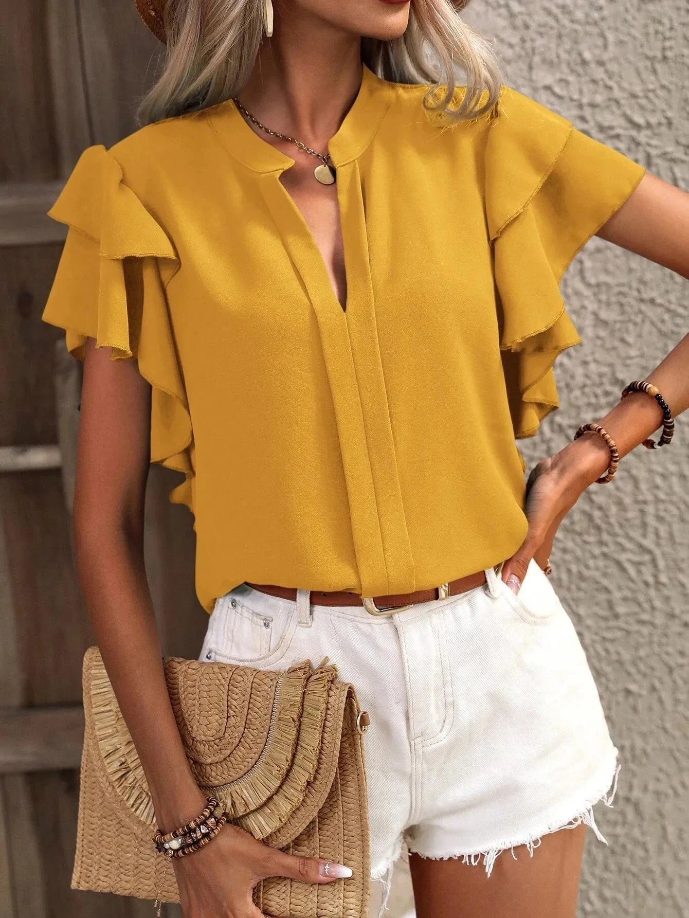 Ruffle Sleeve Notched Blouse Gold / S