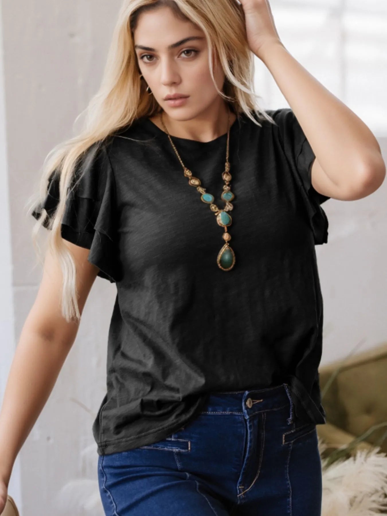 Ruffle Sleeve Round Neck Top Black / S