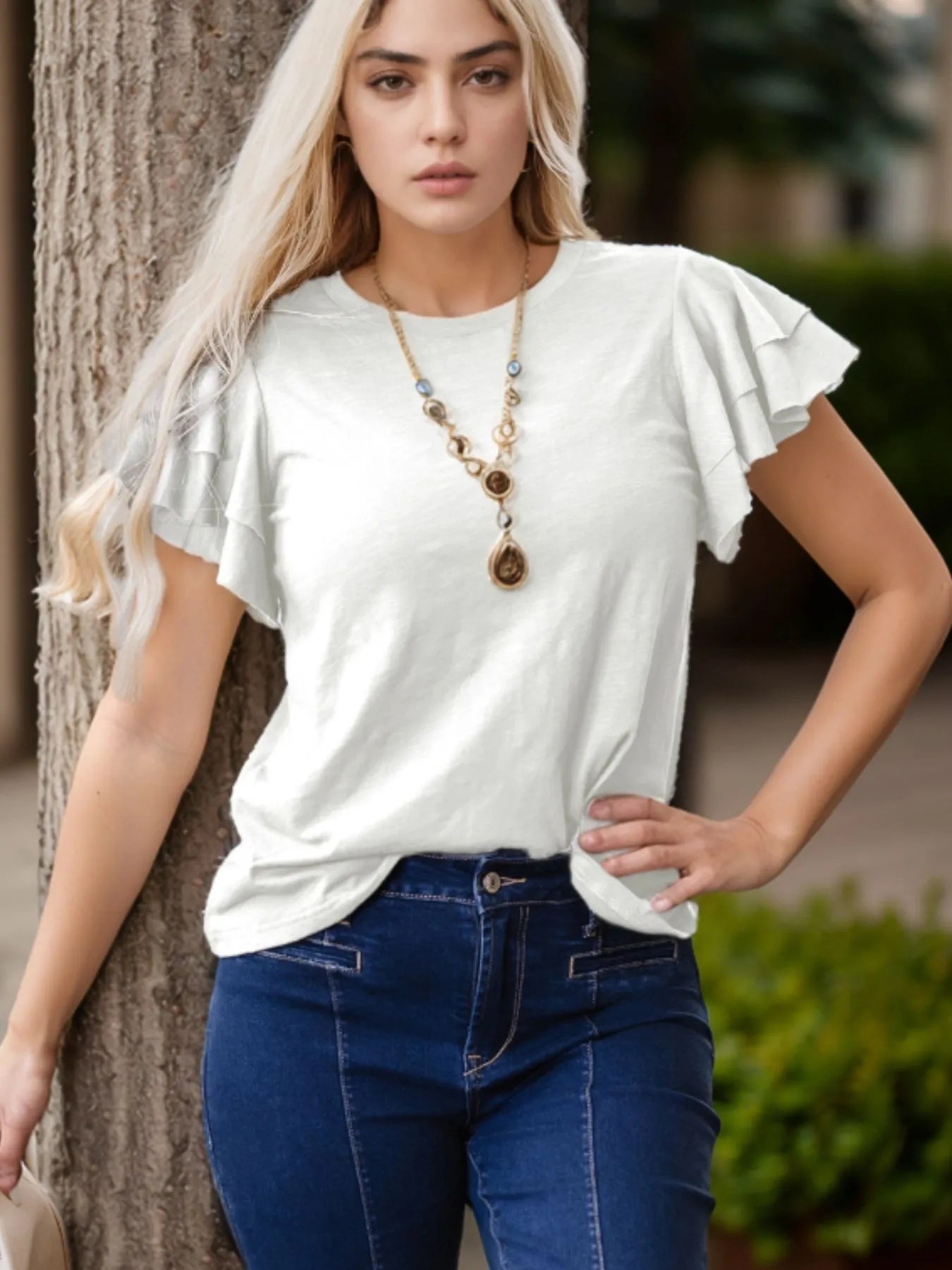 Ruffle Sleeve Round Neck Top White / S