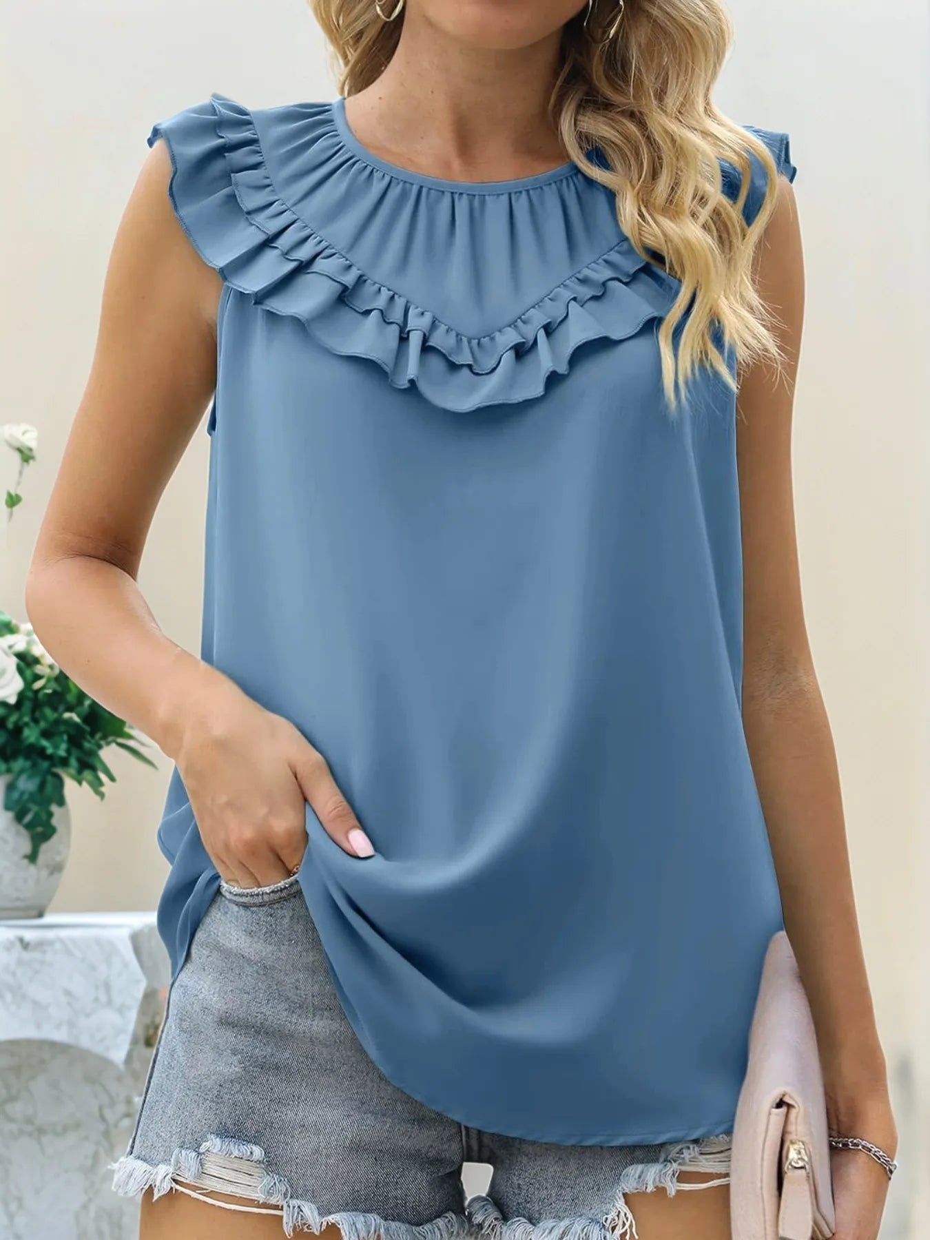 Ruffle Trim Round Neck Blouse Blue / S