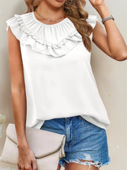 Ruffle Trim Round Neck Blouse White / S