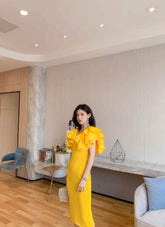 Ruffle Trimmed Flounce Sleeve Bodycon Midi Dress