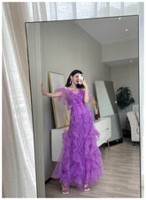 Ruffled Accented Strappy Lace Maxi Dress M / Purple
