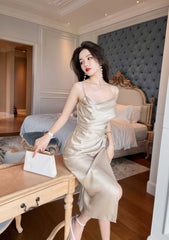 Ruffled Asymmetrical Satin Slip Dress