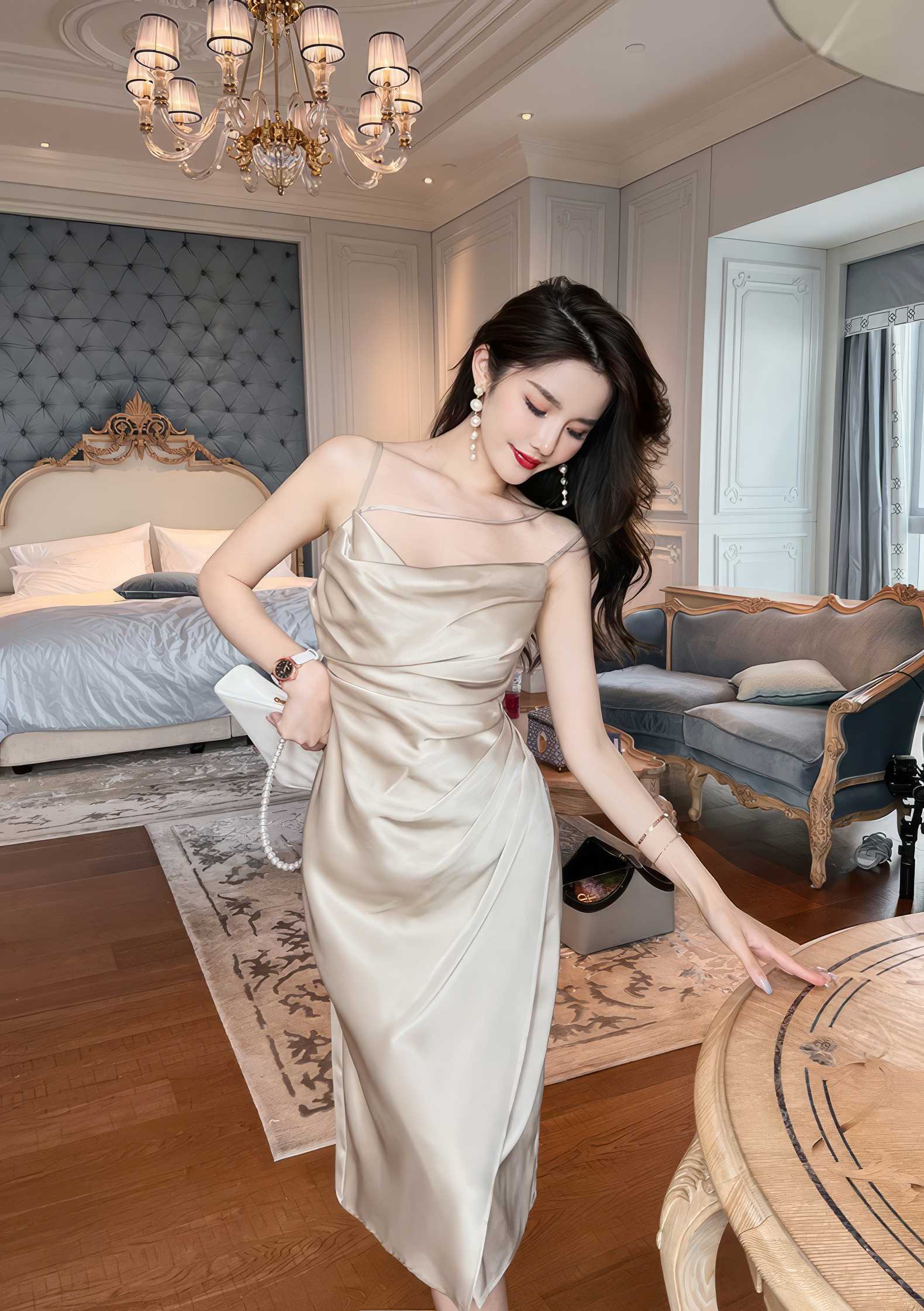 Ruffled Asymmetrical Satin Slip Dress