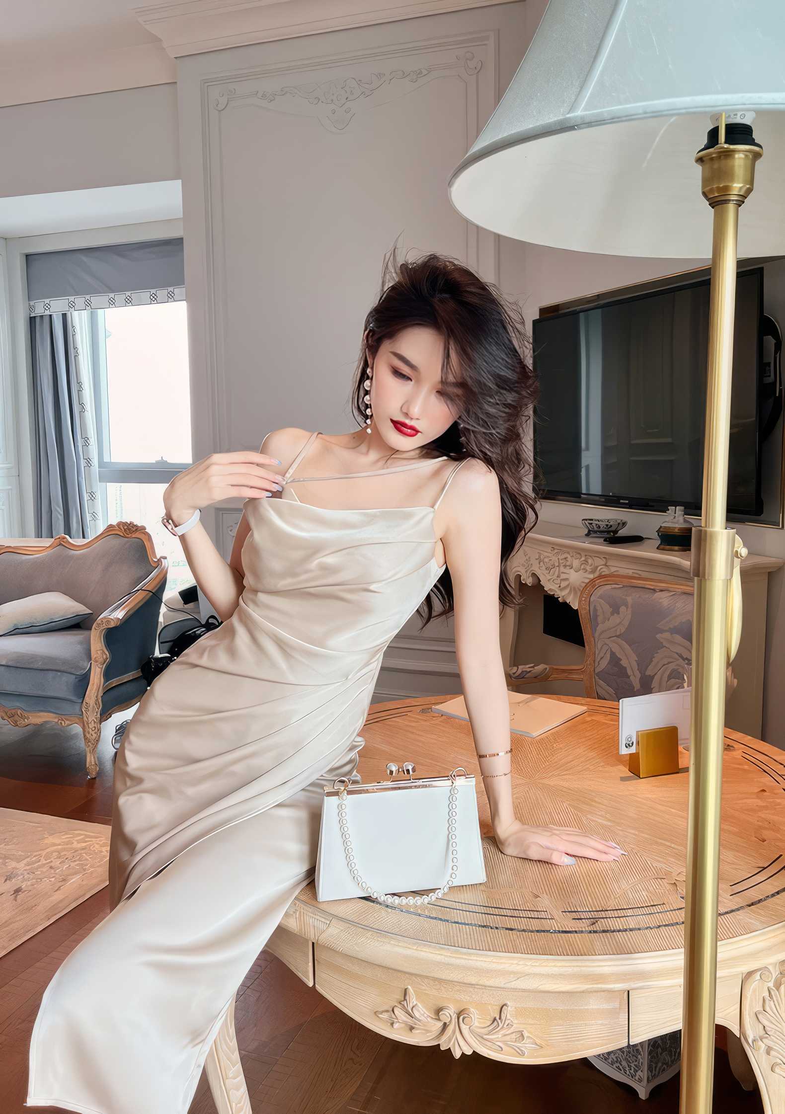 Ruffled Asymmetrical Satin Slip Dress