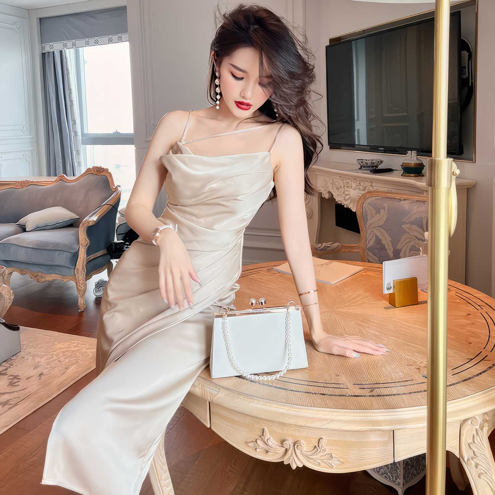 Ruffled Asymmetrical Satin Slip Dress
