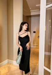 Ruffled Asymmetrical Satin Slip Dress