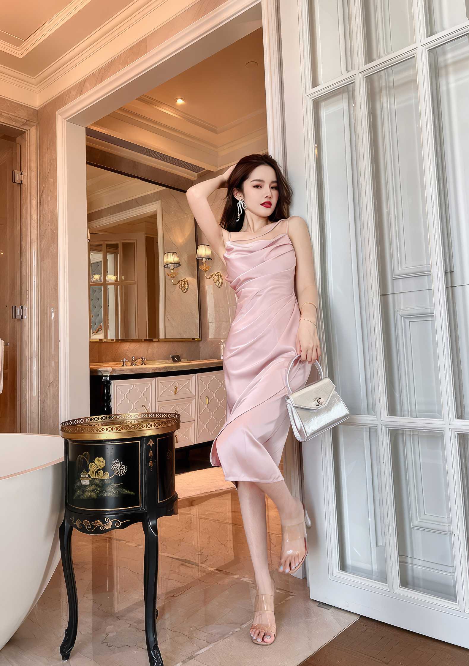 Ruffled Asymmetrical Satin Slip Dress